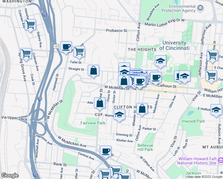 map of restaurants, bars, coffee shops, grocery stores, and more near 2372 Victor Street in Cincinnati