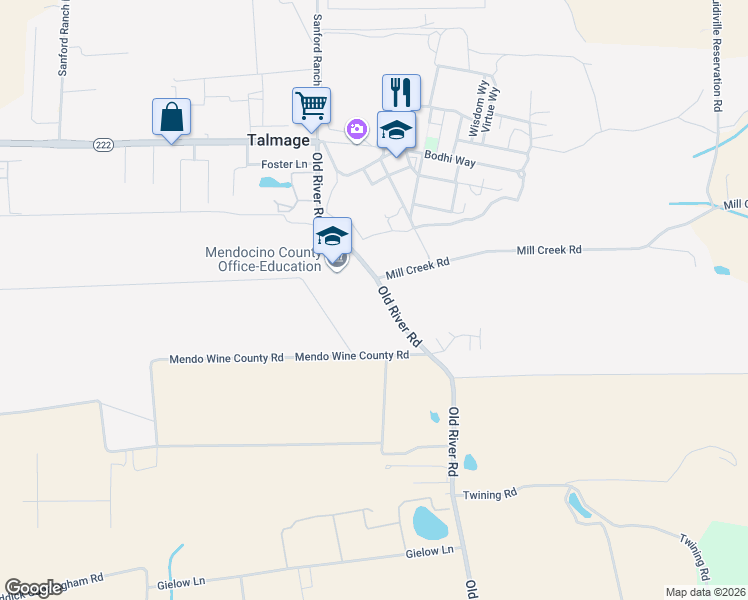 map of restaurants, bars, coffee shops, grocery stores, and more near 2600 Old River Road in Ukiah
