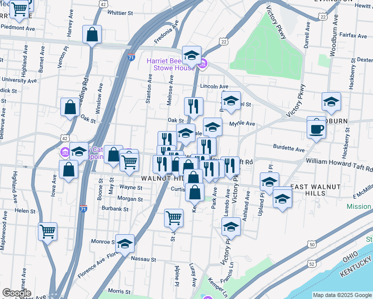 map of restaurants, bars, coffee shops, grocery stores, and more near in Cincinnati