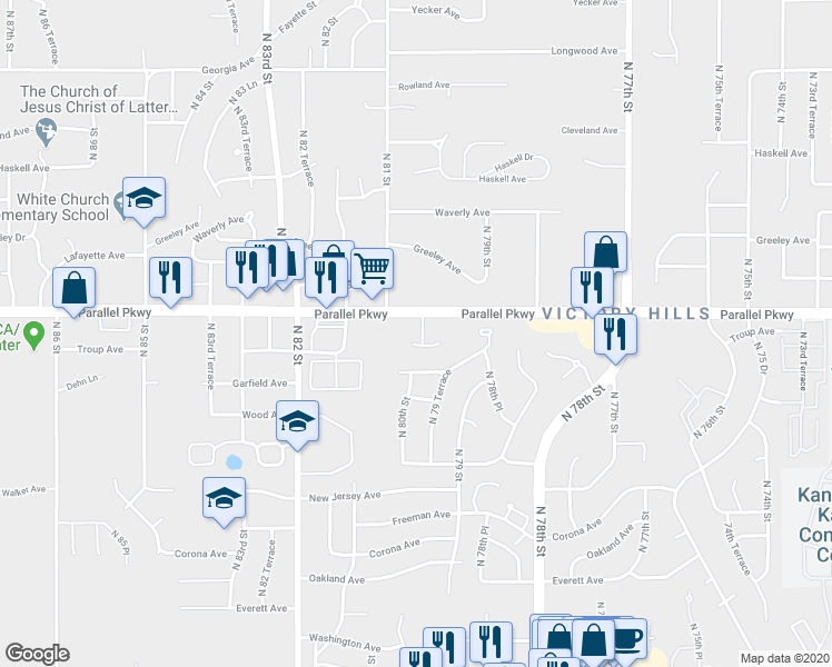 map of restaurants, bars, coffee shops, grocery stores, and more near 1952 North 80th Court in Kansas City