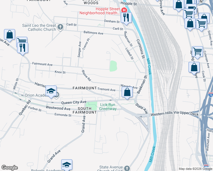 map of restaurants, bars, coffee shops, grocery stores, and more near 1600 Tremont Street in Cincinnati