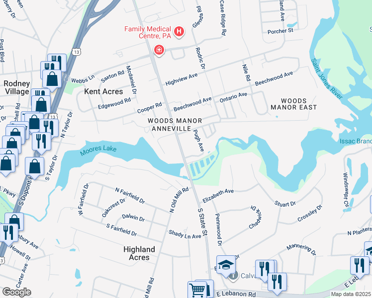 map of restaurants, bars, coffee shops, grocery stores, and more near 1679 South State Street in Dover