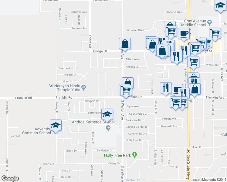 map of restaurants, bars, coffee shops, grocery stores, and more near 331 Hetherington Circle in Yuba City