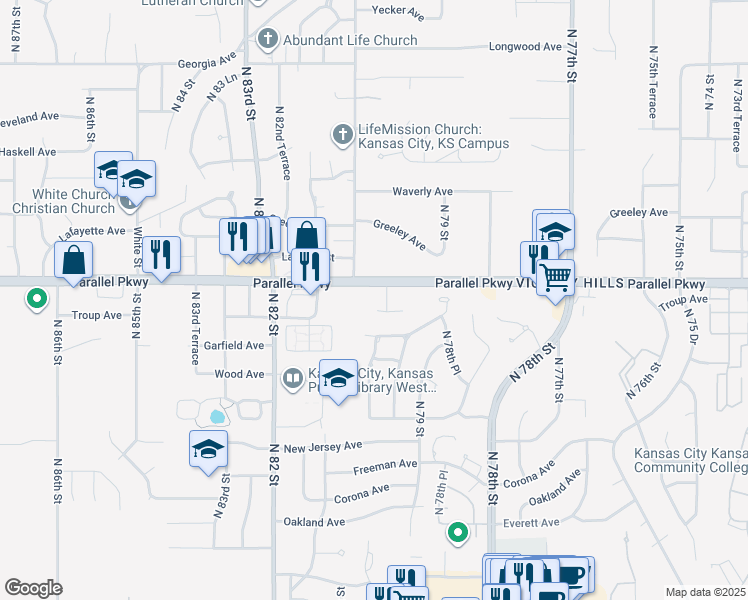 map of restaurants, bars, coffee shops, grocery stores, and more near 1938 North 80th Court in Kansas City
