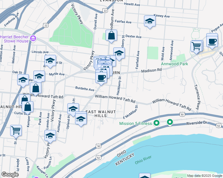map of restaurants, bars, coffee shops, grocery stores, and more near 2613 Hackberry Street in Cincinnati