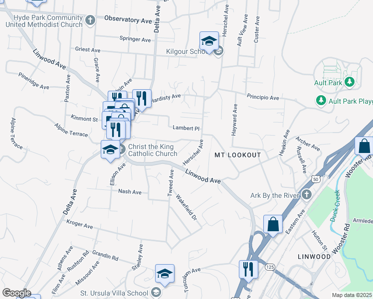 map of restaurants, bars, coffee shops, grocery stores, and more near 1117 Herschel Avenue in Cincinnati