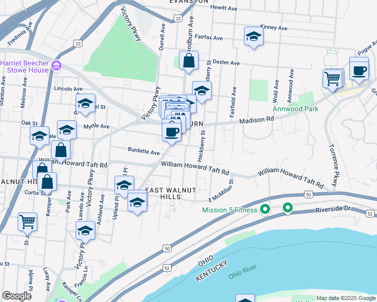 map of restaurants, bars, coffee shops, grocery stores, and more near 2613 Hackberry Street in Cincinnati