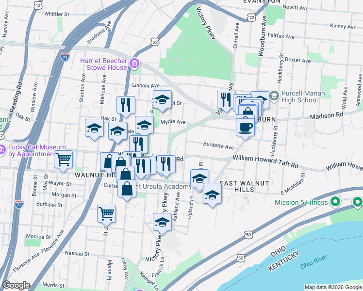 map of restaurants, bars, coffee shops, grocery stores, and more near 1302 William Howard Taft Road in Cincinnati