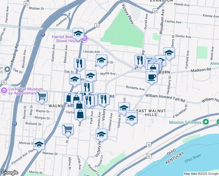 map of restaurants, bars, coffee shops, grocery stores, and more near 1302 William Howard Taft Road in Cincinnati