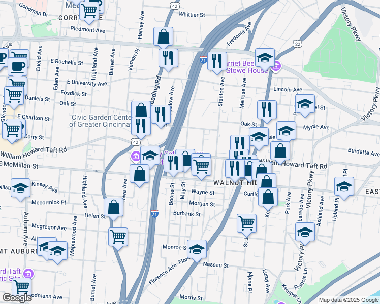 map of restaurants, bars, coffee shops, grocery stores, and more near 664 Crown Street in Cincinnati