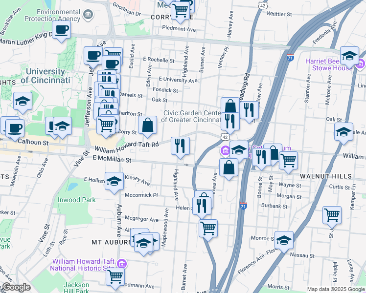 map of restaurants, bars, coffee shops, grocery stores, and more near 315 Shea Place in Cincinnati