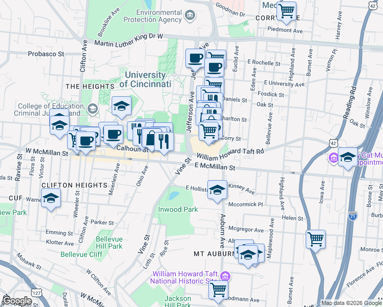 map of restaurants, bars, coffee shops, grocery stores, and more near 2438 Vine Street in Cincinnati