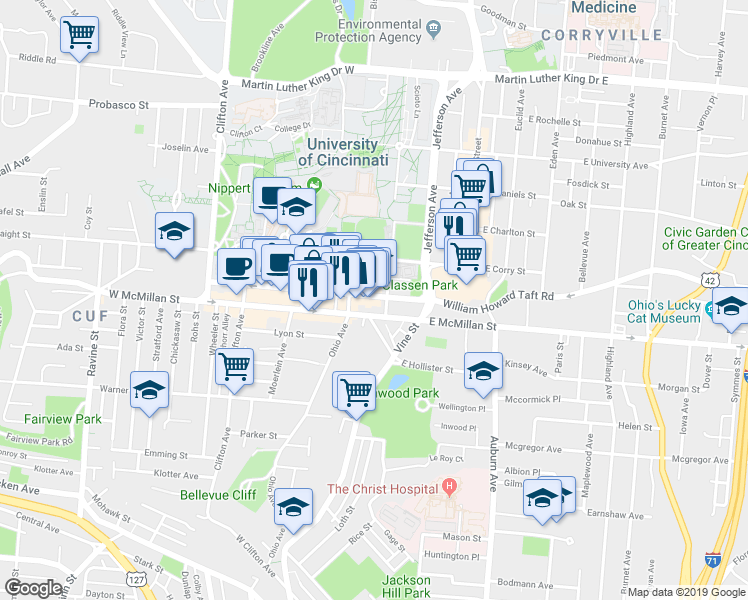 map of restaurants, bars, coffee shops, grocery stores, and more near 34 West McMillan Street in Cincinnati