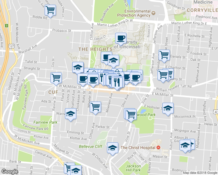 map of restaurants, bars, coffee shops, grocery stores, and more near 141 West McMillan Street in Cincinnati