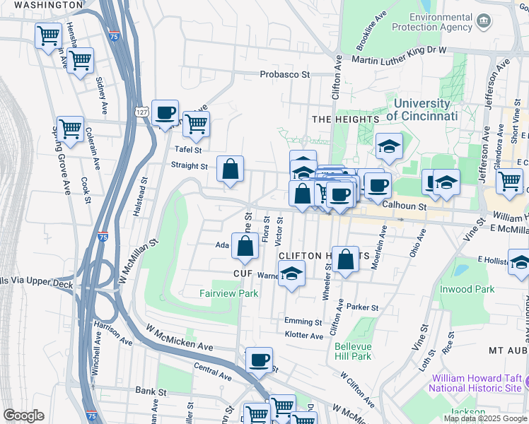 map of restaurants, bars, coffee shops, grocery stores, and more near 343 Cassatt Avenue in Cincinnati