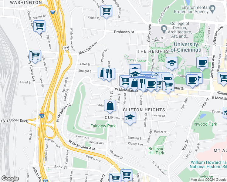 map of restaurants, bars, coffee shops, grocery stores, and more near 343 Cassatt Avenue in Cincinnati
