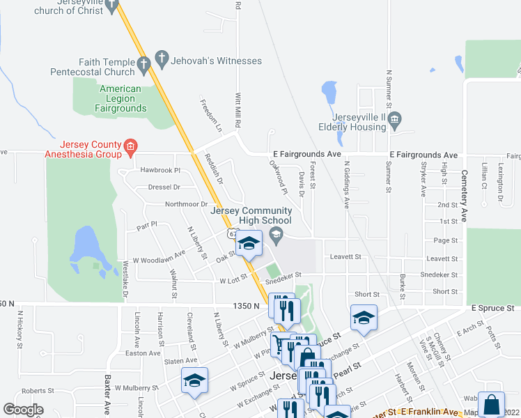 map of restaurants, bars, coffee shops, grocery stores, and more near 201 East Woodlawn Avenue in Jerseyville