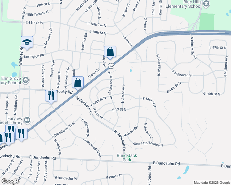 map of restaurants, bars, coffee shops, grocery stores, and more near 1327 North Osage Village Drive in Independence