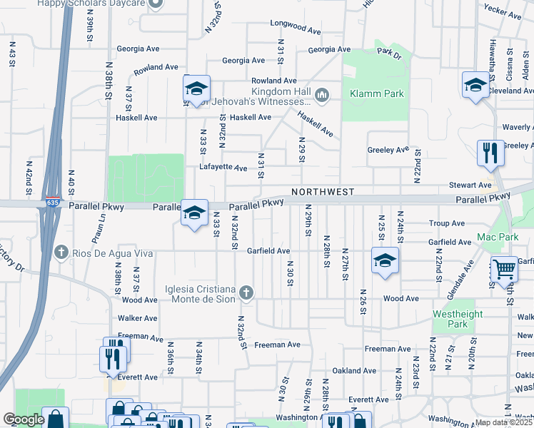 map of restaurants, bars, coffee shops, grocery stores, and more near 1953 North 31 Street in Kansas City