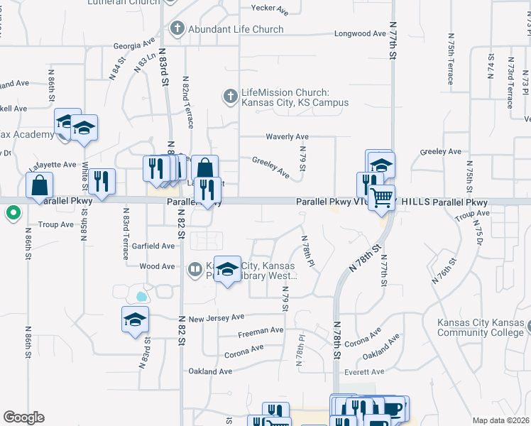 map of restaurants, bars, coffee shops, grocery stores, and more near 1938 North 80th Court in Kansas City