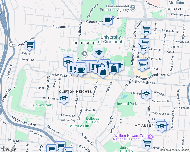 map of restaurants, bars, coffee shops, grocery stores, and more near 255 Calhoun Street in Cincinnati