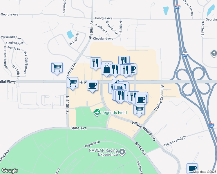 map of restaurants, bars, coffee shops, grocery stores, and more near 1867 Village West Parkway in Kansas City