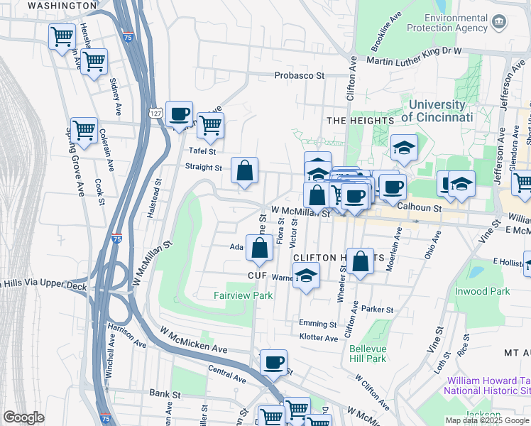 map of restaurants, bars, coffee shops, grocery stores, and more near 355 West McMillan Street in Cincinnati