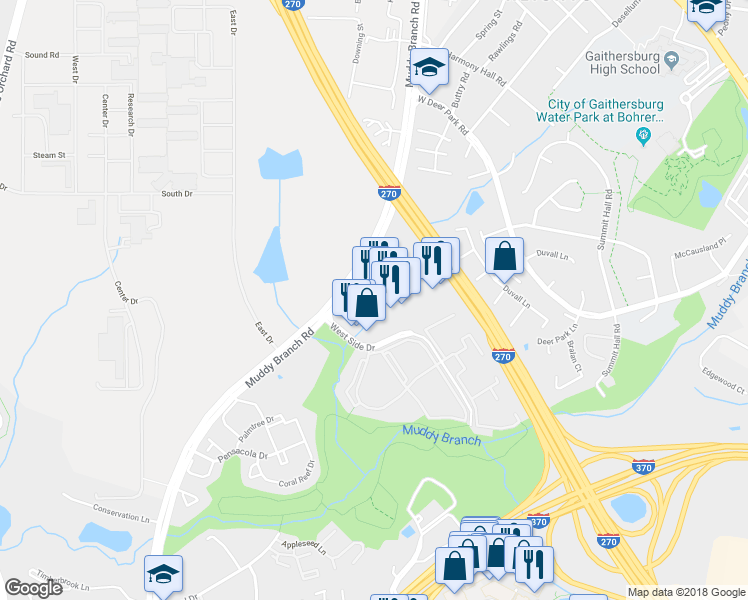 map of restaurants, bars, coffee shops, grocery stores, and more near 347 Muddy Branch Rd in Gaithersburg