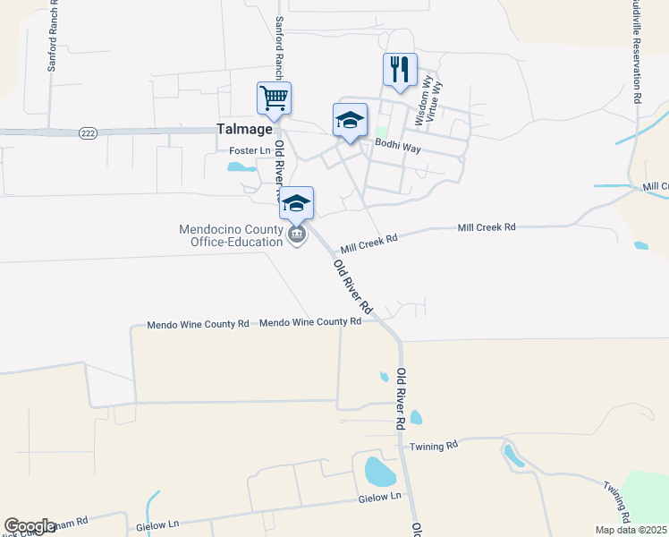 map of restaurants, bars, coffee shops, grocery stores, and more near 2600 Old River Road in Ukiah