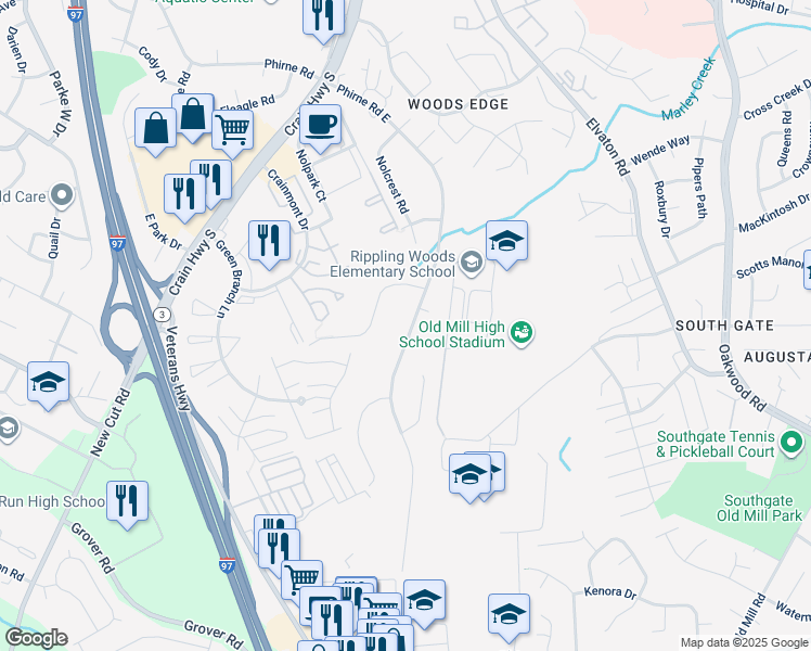map of restaurants, bars, coffee shops, grocery stores, and more near 8061 Phirne Road East in Glen Burnie