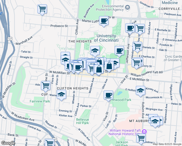 map of restaurants, bars, coffee shops, grocery stores, and more near 255 Calhoun Street in Cincinnati