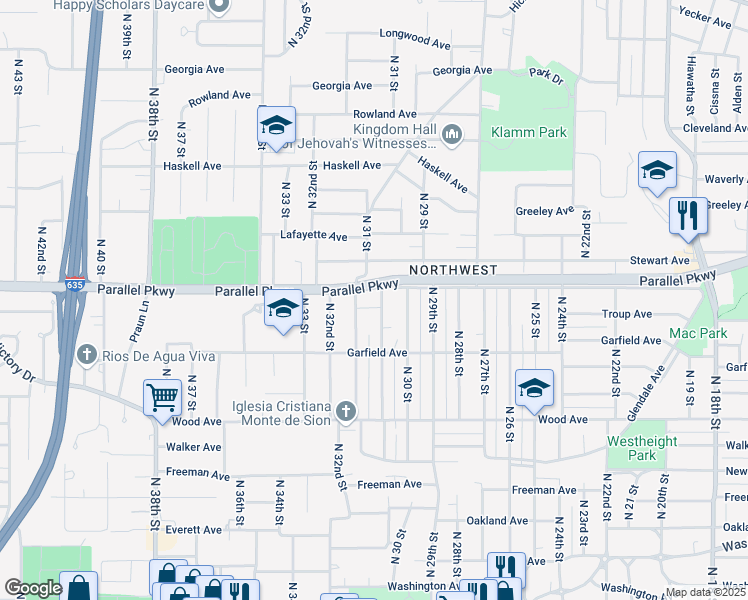 map of restaurants, bars, coffee shops, grocery stores, and more near 1953 North 31 Street in Kansas City