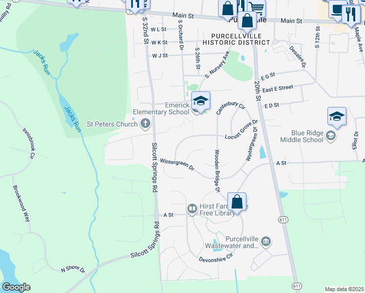 map of restaurants, bars, coffee shops, grocery stores, and more near 340 Locust Grove Drive in Purcellville