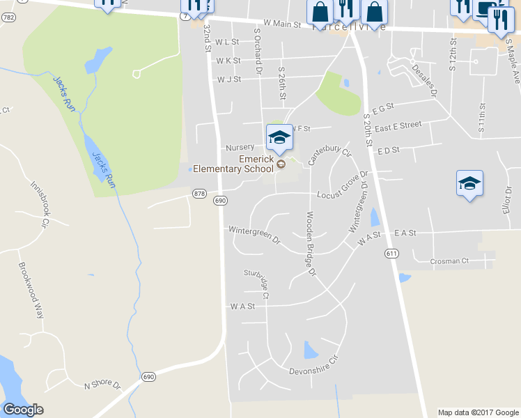 map of restaurants, bars, coffee shops, grocery stores, and more near 340 Locust Grove Drive in Purcellville