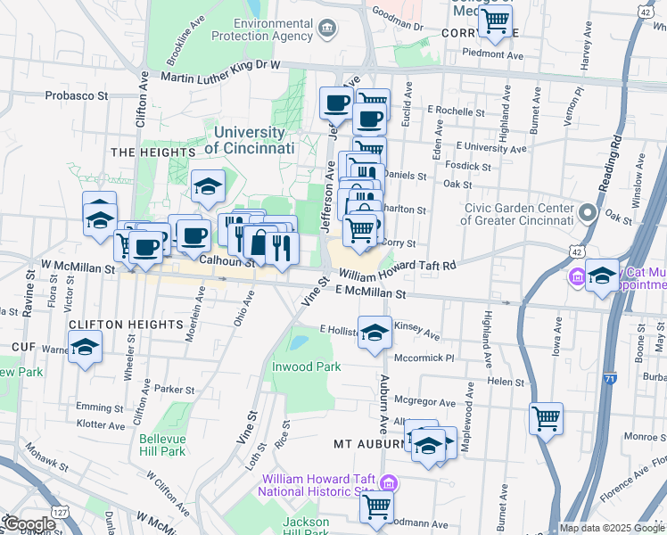 map of restaurants, bars, coffee shops, grocery stores, and more near 2514 Jefferson Avenue in Cincinnati