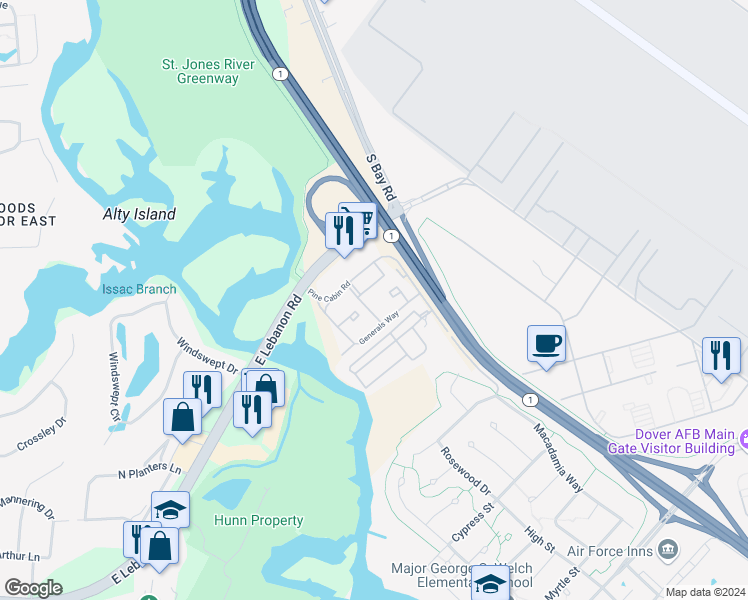 map of restaurants, bars, coffee shops, grocery stores, and more near 420 Arnold Court in Dover