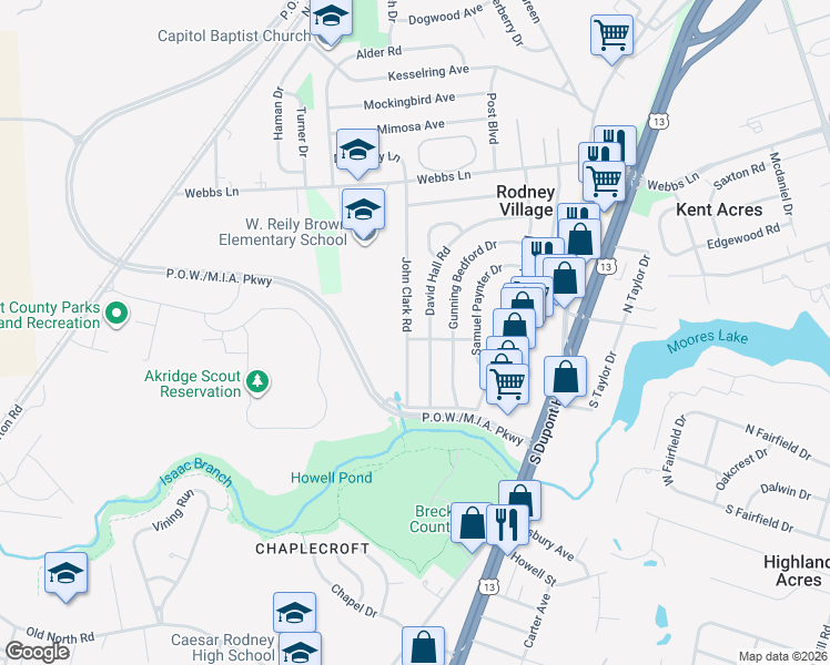map of restaurants, bars, coffee shops, grocery stores, and more near 1569 John Clark Road in Dover