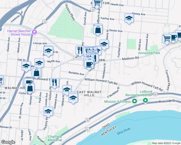 map of restaurants, bars, coffee shops, grocery stores, and more near 1539 Burdette Court in Cincinnati