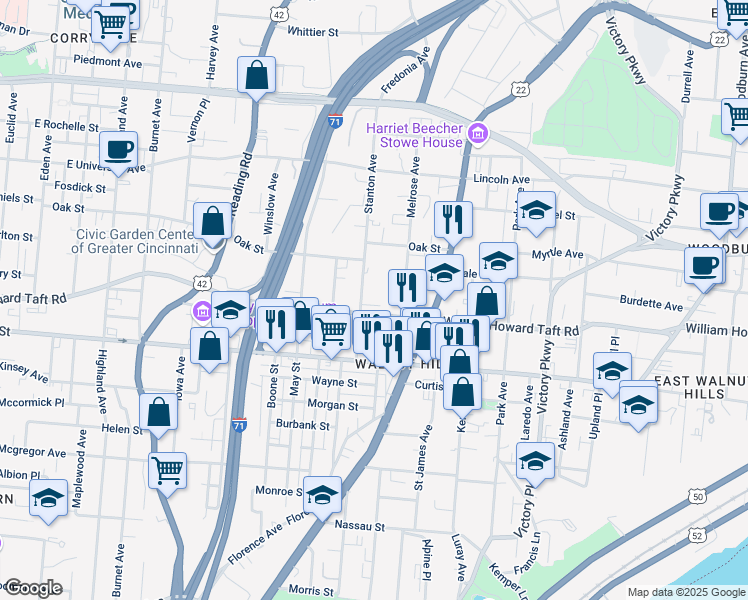 map of restaurants, bars, coffee shops, grocery stores, and more near 801 William Howard Taft Road in Cincinnati