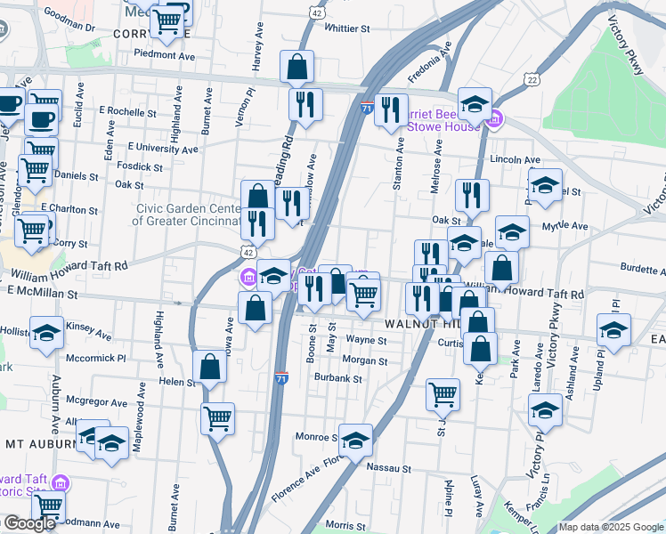 map of restaurants, bars, coffee shops, grocery stores, and more near 664 Crown Street in Cincinnati