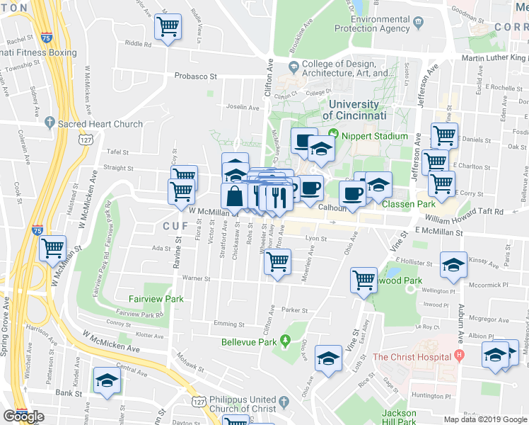 map of restaurants, bars, coffee shops, grocery stores, and more near 2377 Wheeler Street in Cincinnati