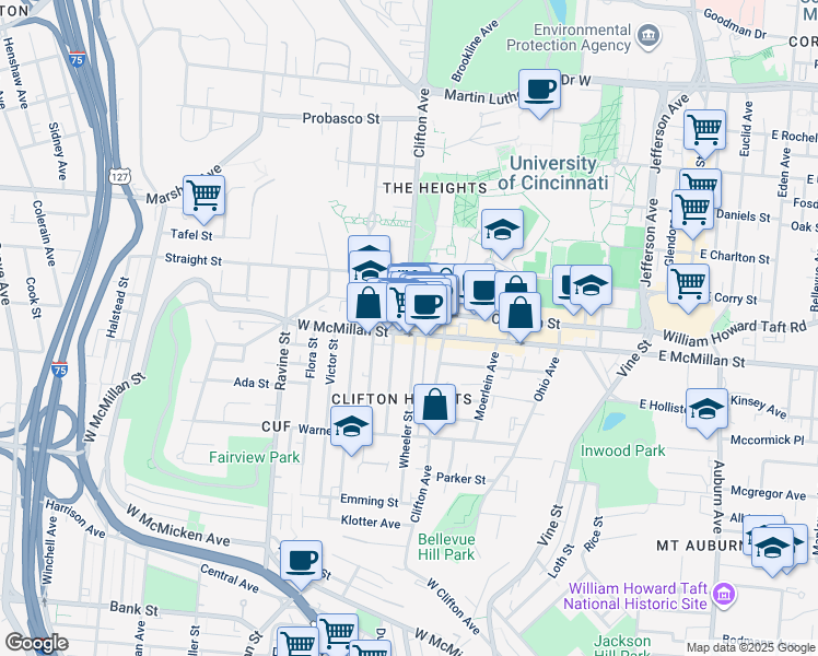 map of restaurants, bars, coffee shops, grocery stores, and more near 2377 Wheeler Street in Cincinnati