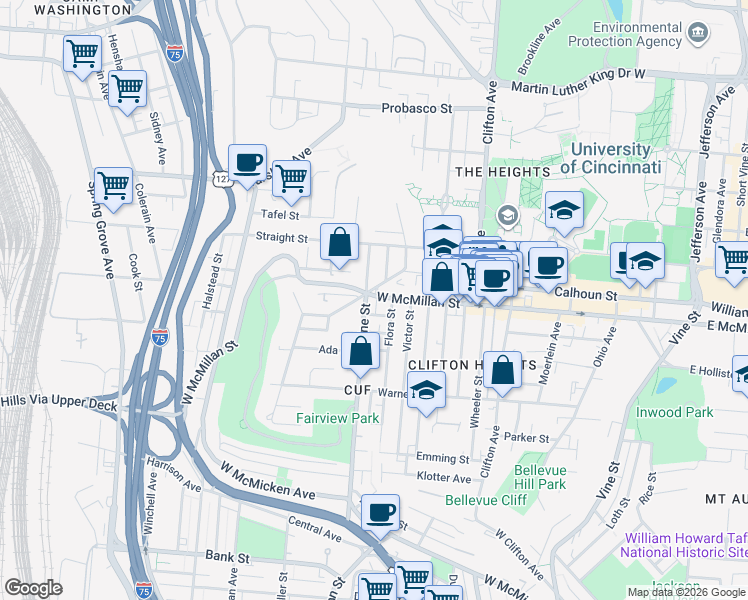 map of restaurants, bars, coffee shops, grocery stores, and more near 343 Cassatt Avenue in Cincinnati