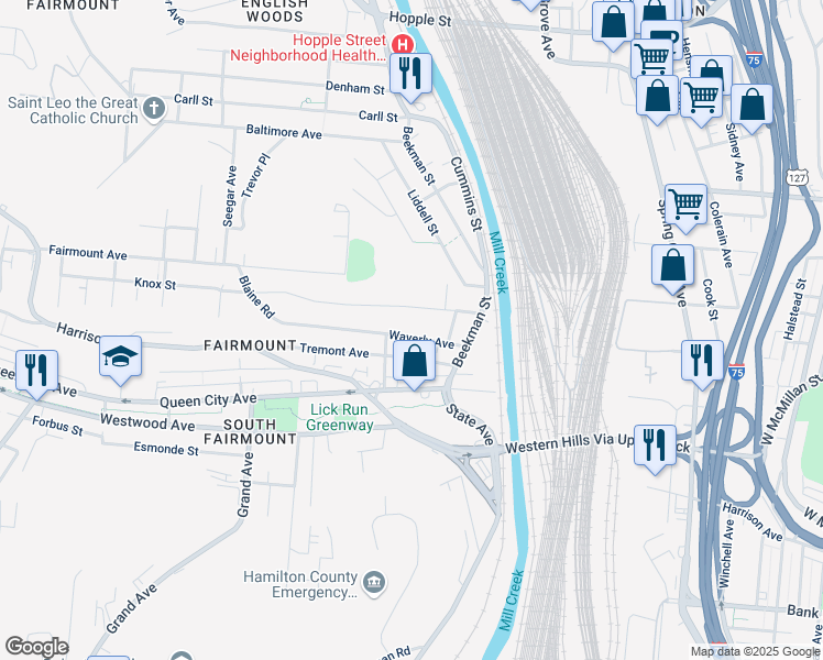 map of restaurants, bars, coffee shops, grocery stores, and more near 1550 Tremont Street in Cincinnati