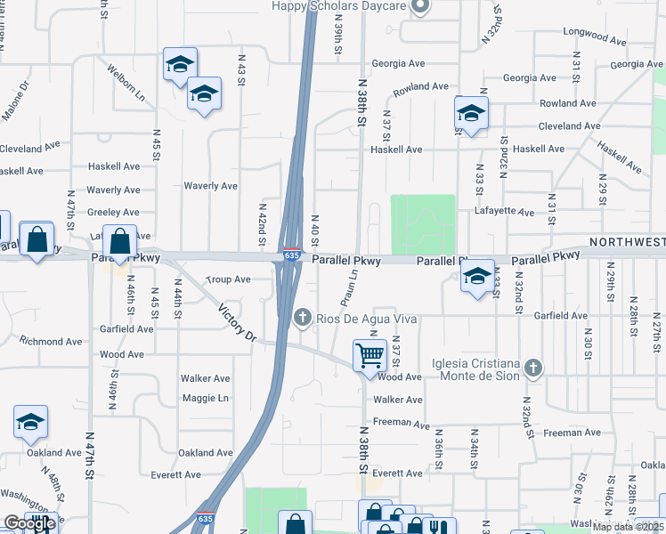 map of restaurants, bars, coffee shops, grocery stores, and more near 1919 North 40 Street in Kansas City