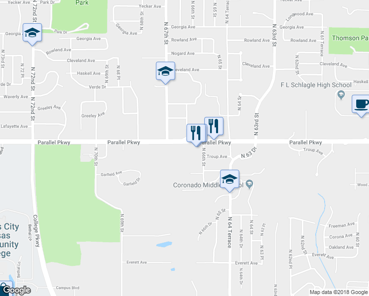 map of restaurants, bars, coffee shops, grocery stores, and more near 6655 Parallel Parkway in Kansas City