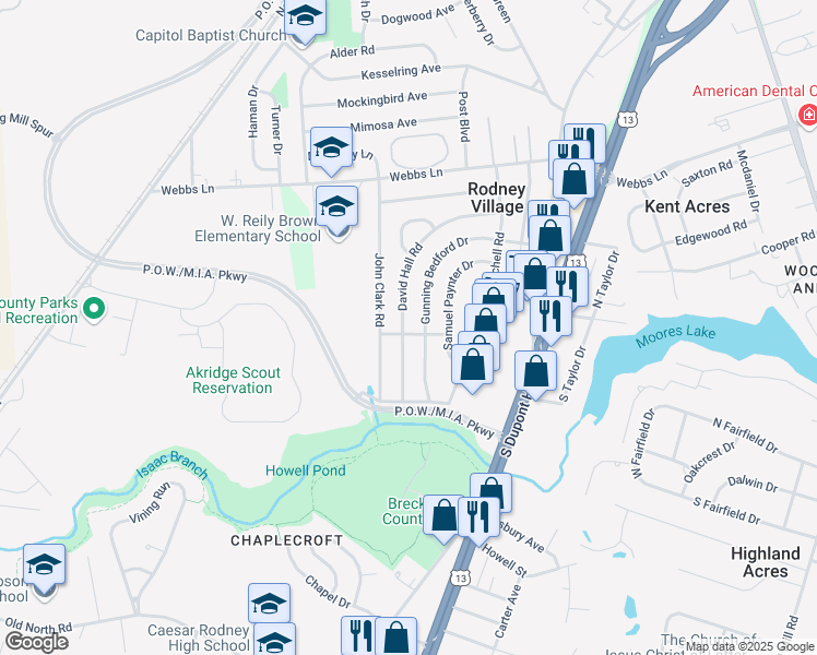 map of restaurants, bars, coffee shops, grocery stores, and more near 280 Daniel Rodney Drive in Dover