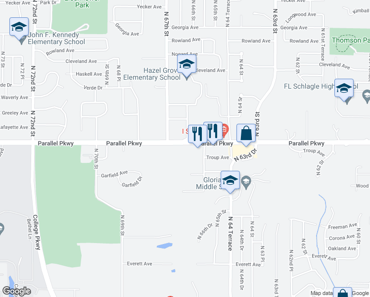 map of restaurants, bars, coffee shops, grocery stores, and more near 6639 Parallel Parkway in Kansas City