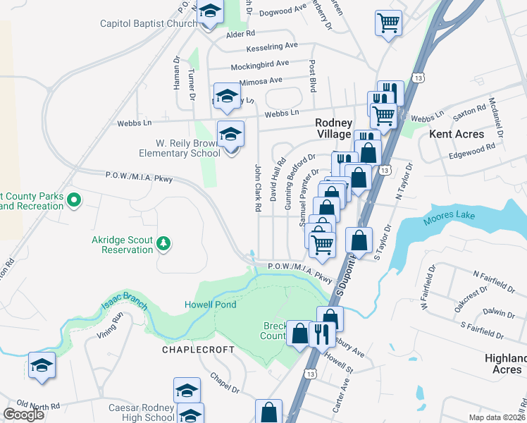 map of restaurants, bars, coffee shops, grocery stores, and more near 1569 John Clark Road in Dover