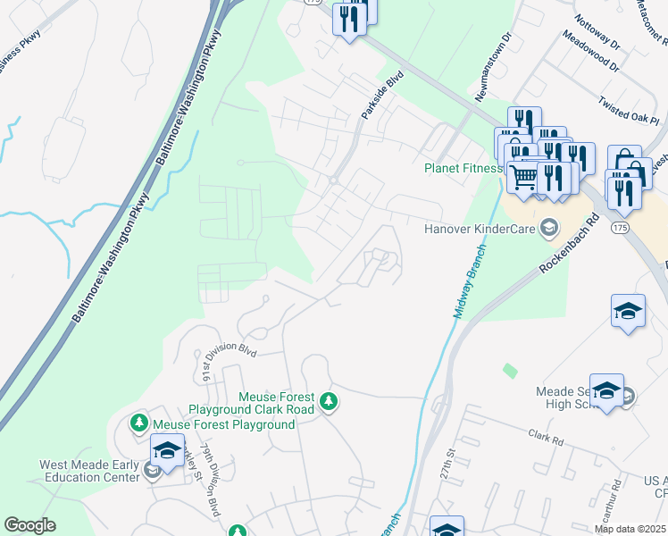 map of restaurants, bars, coffee shops, grocery stores, and more near 7972 Patterson Way in Hanover